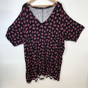 Torrid Top Woman 6X Super Soft  Jersey Knit Black Pink Floral Short Sleeve Tunic